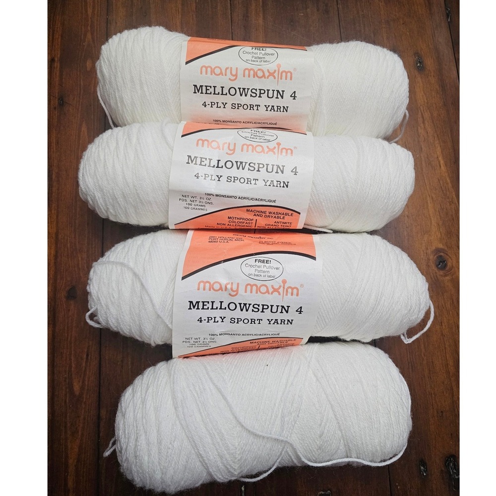Mary Maxim Mellowspun 4-Ply Yarn White 100% Acrylic‎ 4 Skeins Lot 3.5oz 100g